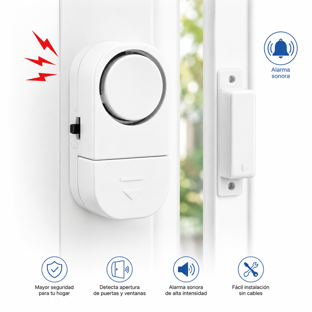 Alarma magnética instalada en puerta con características